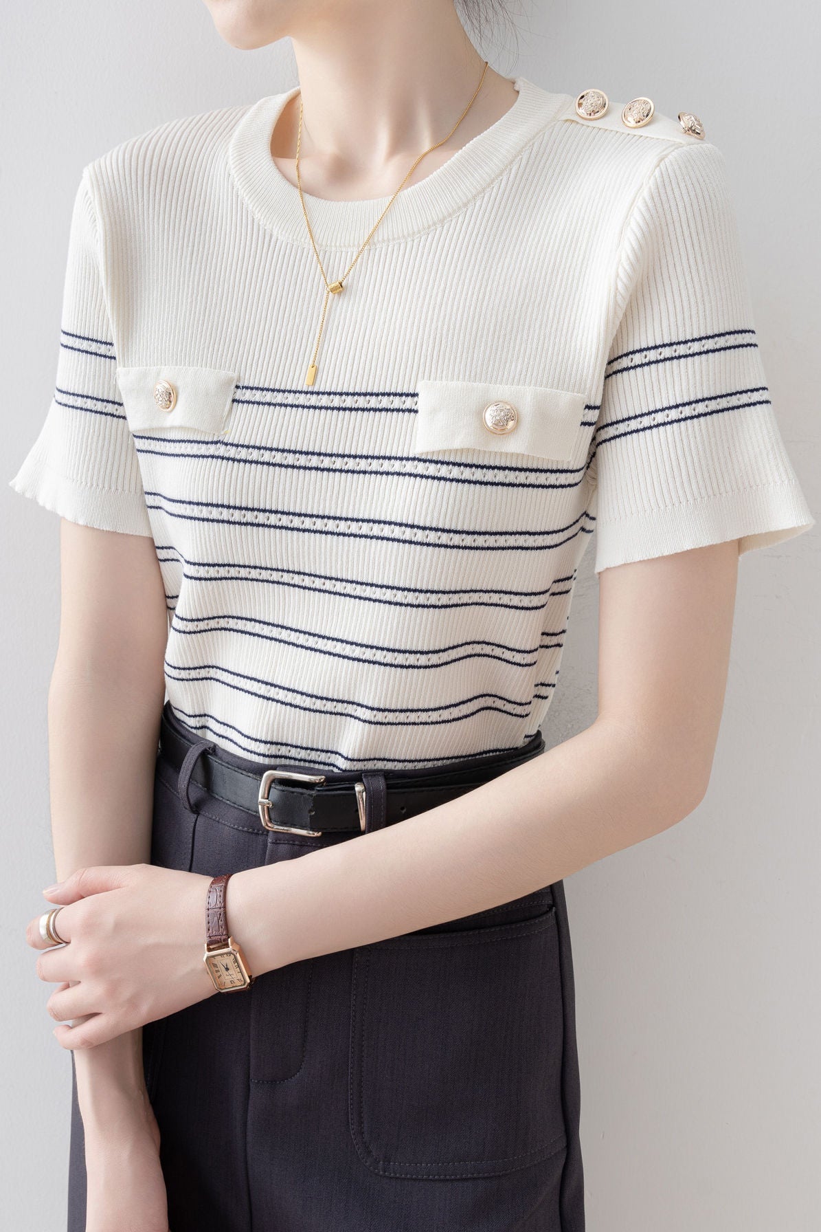 Round neck striped short sleeve T-shirt - liwisi