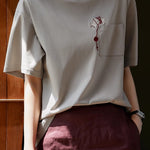 Cat embroidery round neck short sleeve pocket casual loose top - liwisi