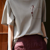 Cat embroidery round neck short sleeve pocket casual loose top - liwisi