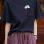 Cat embroidery round neck short sleeve pocket casual loose top - liwisi
