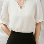 Solid color V-neck pearl shirt - liwisi