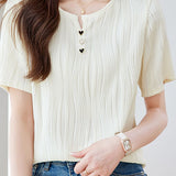 Textured round neck short sleeve T-shirt with decorative buttons - liwisi
