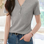 V-neck button half-placket short sleeve fitted casual T-shirt - liwisi