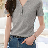 V-neck button half-placket short sleeve fitted casual T-shirt - liwisi