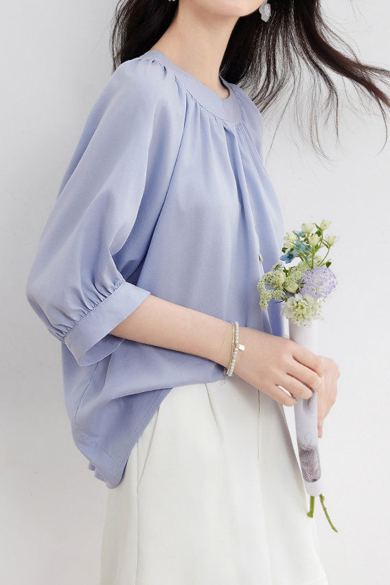 Casual gathered raglan lantern sleeve shirt - liwisi