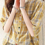 Round stand collar button-up short sleeve loose casual shirt with drawstring hem