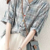 Round stand collar button-up short sleeve loose casual shirt with drawstring hem