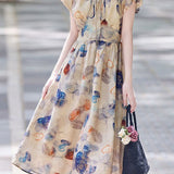 Lantern sleeve floral waist-defining A-line dress