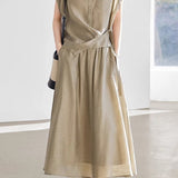 Linen button-up irregular design short sleeve shirt with A-line long skirt set