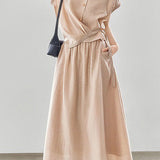 Linen button-up irregular design short sleeve shirt with A-line long skirt set