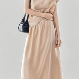 Linen button-up irregular design short sleeve shirt with A-line long skirt set