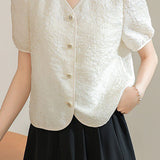 A-line bubble short sleeve button-up shirt - liwisi