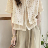 Faux two-piece spliced button-up short sleeve shirt