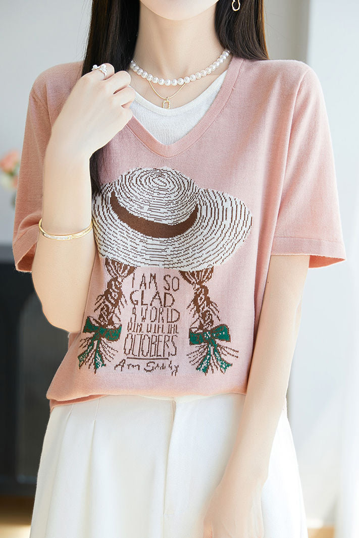 Faux two-piece V-neck short sleeve T-shirt - liwisi