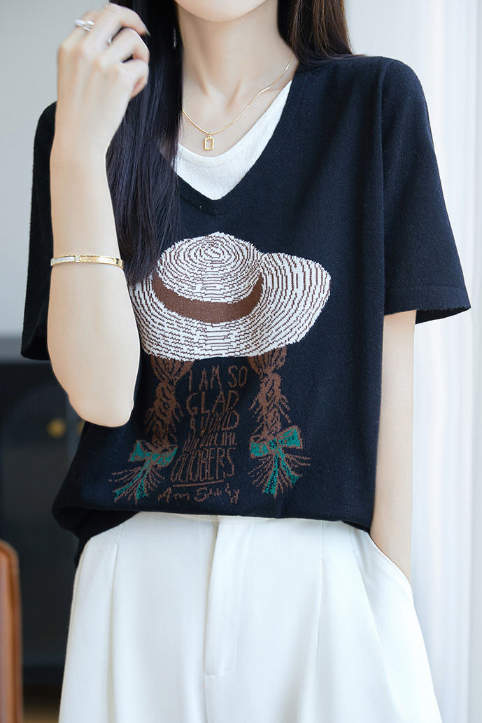 Faux two-piece V-neck short sleeve T-shirt - liwisi