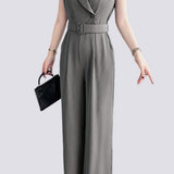 Sleeveless waist-defining suit collar wide-leg jumpsuit