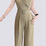 Sleeveless waist-defining suit collar wide-leg jumpsuit