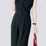 Sleeveless waist-defining suit collar wide-leg jumpsuit