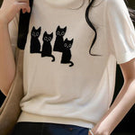 Cat pattern knit short sleeve T-shirt - liwisi
