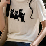Cat pattern knit short sleeve T-shirt - liwisi