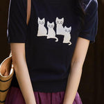Cat pattern knit short sleeve T-shirt - liwisi
