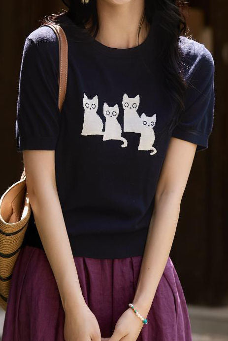 Cat pattern knit short sleeve T-shirt - liwisi