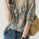 V-neck floral print short sleeve shirt - liwisi