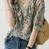 V-neck floral print short sleeve shirt - liwisi