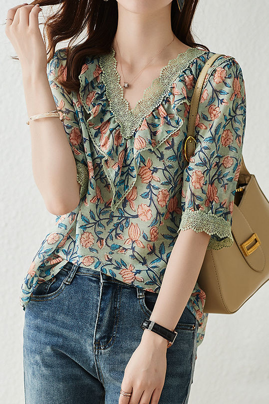 V-neck floral print short sleeve shirt - liwisi