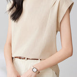 Round neck pullover shirt with small flutter sleeves - liwisi
