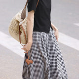 Side-slit short sleeve T-shirt with A-line plaid skirt set