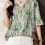 V-neck printed ruffled sleeve loose shirt - liwisi