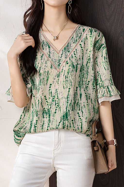 V-neck printed ruffled sleeve loose shirt - liwisi