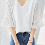 V-neck bell sleeve loose shirt - liwisi
