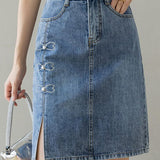 Embroidered beaded high-waisted slit denim skirt