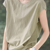 Round neck cap sleeve shirt with back slit