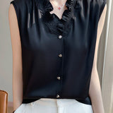 Ruffle-edged V-neck faux button sleeveless shirt - liwisi