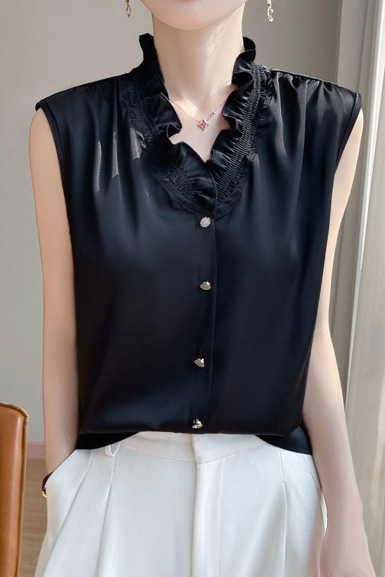 Ruffle-edged V-neck faux button sleeveless shirt - liwisi