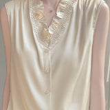 Ruffle-edged V-neck faux button sleeveless shirt - liwisi