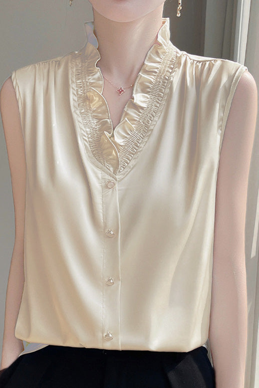Ruffle-edged V-neck faux button sleeveless shirt - liwisi