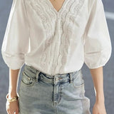 V-neck lace white shirt - liwisi