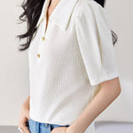 Minimalist waffle textured bubble short sleeve polo shirt - liwisi