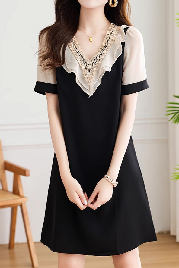 Elegant patchwork short sleeve dress - liwisi