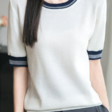 Ice silk color-blocked pullover knit top
