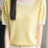 Ice silk color-blocked pullover knit top