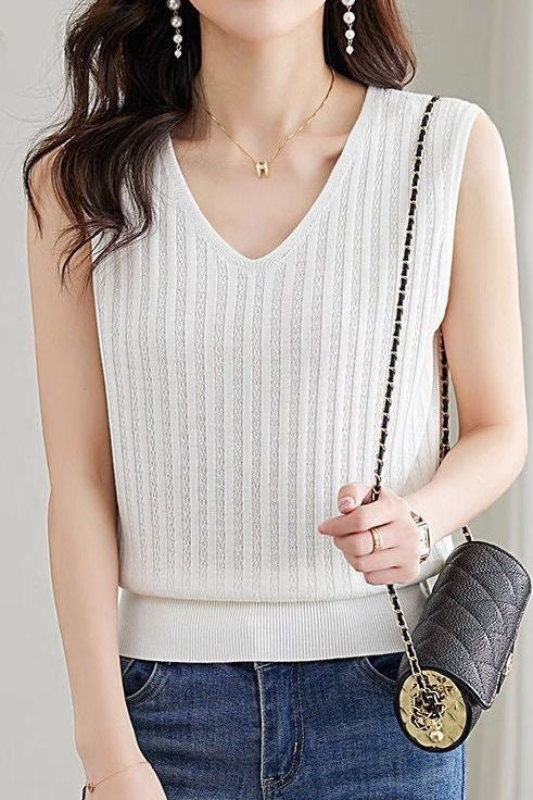 V-neck sleeveless textured knit tank top - liwisi