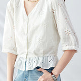 V-neck short sleeve embroidered cotton shirt