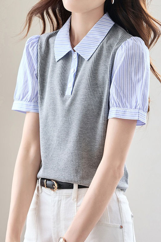 Trendy faux two-piece striped shirt - liwisi