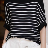 Versatile loose-fit striped short-sleeve knit top.