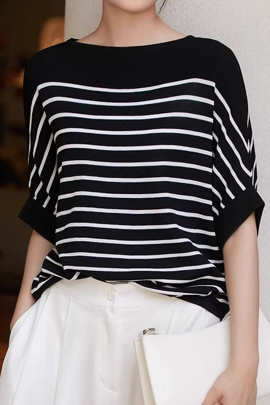 Versatile loose-fit striped short-sleeve knit top. - liwisi